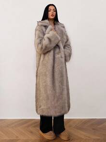 SHEIN Tall Women's Winter Stand Collar Long Sleeve With Pockets Long Elegant Fluffy Coat Long Fur Coat,Fall - Light Grey - View 11