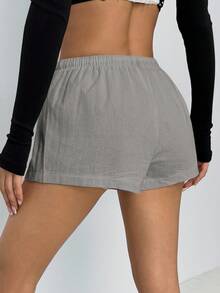 SHEIN PETITE Quần short lưng rút màu trơn đơn giản cho nữ - Màu xám đen - Xem 2