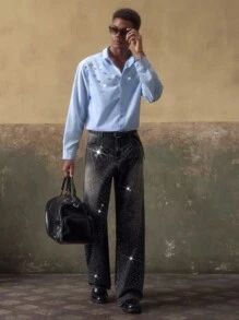 AKNOTIC Celana Jeans Panjang Pria Kasual Longgar Bahan Tenun, Pakaian Sehari-hari, Gaya Grunge - Hitam - View 4