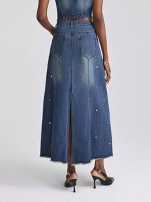 SHEIN Frenchy 女士时尚蓝色流苏牛仔钻石装饰长裙，夏季百搭 - 藍色 - 查看 2