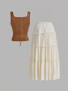 LanaWest Women's Spring/Summer Western Style Brown Suede Boho Deer Skin Tight Fit Cinched Waist Top Women's Spring/Summer Boho Vacation Apricot Textured Peach Blossom Ruffle Hem Wood Bead Decor Elastic Waist Skirt (With Lining) - Multicolor - View 2