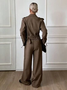 DAZY 女士休闲纯色短款外套和阔腿裤套装，秋季女装商务装 - 咖啡棕 - 查看 2