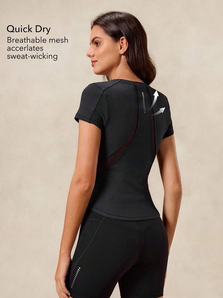 OutZeal Camiseta deportiva negra para mujer, unicolor, para entrenamiento, yoga, casual, verano, primavera, de secado rápido, diseño de malla, ajuste ceñido, mangas cortas, camisetas de compresión, tops activos - Negro - Añade 2