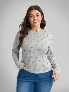 SHEIN LUNE 大码女式灰色蝴蝶结针织圆领T恤 - 灰色 - 查看 4