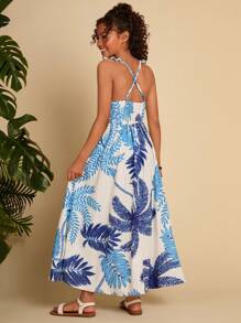 SHEIN Tween Girl Woven Leaf Pattern Square Neck Ruffle Hem Casual Dress - White - View 2