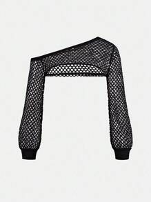 SHEIN Tween Girl 宽松街头时尚牛仔印花裤、编织网眼不对称镂空长袖上衣和吊带背心 3 件套，时尚