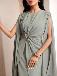 Veilorie 扭褶、褶饰、纽扣装饰、束腰优雅夏装 - 綠色 - 查看 5