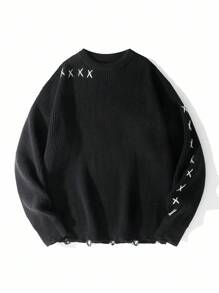 Manfinity CasualKnits 男士撞色简约休闲圆领长袖毛衣 Y2k 毛衣 哥特毛衣 Y2k 长袖男士针织毛衣 男士黑色毛衣 Y2k 上衣 男士返校 Y2k 毛衣 男士黑色针织毛衣 男士哥特毛衣长袖针织上衣 破洞毛衣，秋冬 - 黑色 - 查看 6