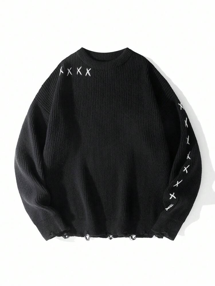 Manfinity CasualKnits 男士撞色简约休闲圆领长袖毛衣 Y2k 毛衣 哥特毛衣 Y2k 长袖男士针织毛衣 男士黑色毛衣 Y2k 上衣 男士返校 Y2k 毛衣 男士黑色针织毛衣 男士哥特毛衣长袖针织上衣 破洞毛衣，秋冬 - 黑色 - 查看 6