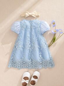 Souflis Souflis Baby Girls' Princess Style Beige Embroidered Mesh Puff Sleeve Dress, Suitable For Birthday Party, Evening Party, Daily Wear, Spring/Summer - Blue - View 2