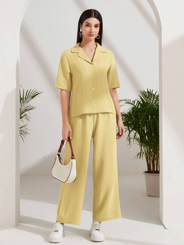 Lacomfia 翻领纽扣前开襟上衣和阔腿裤两件套