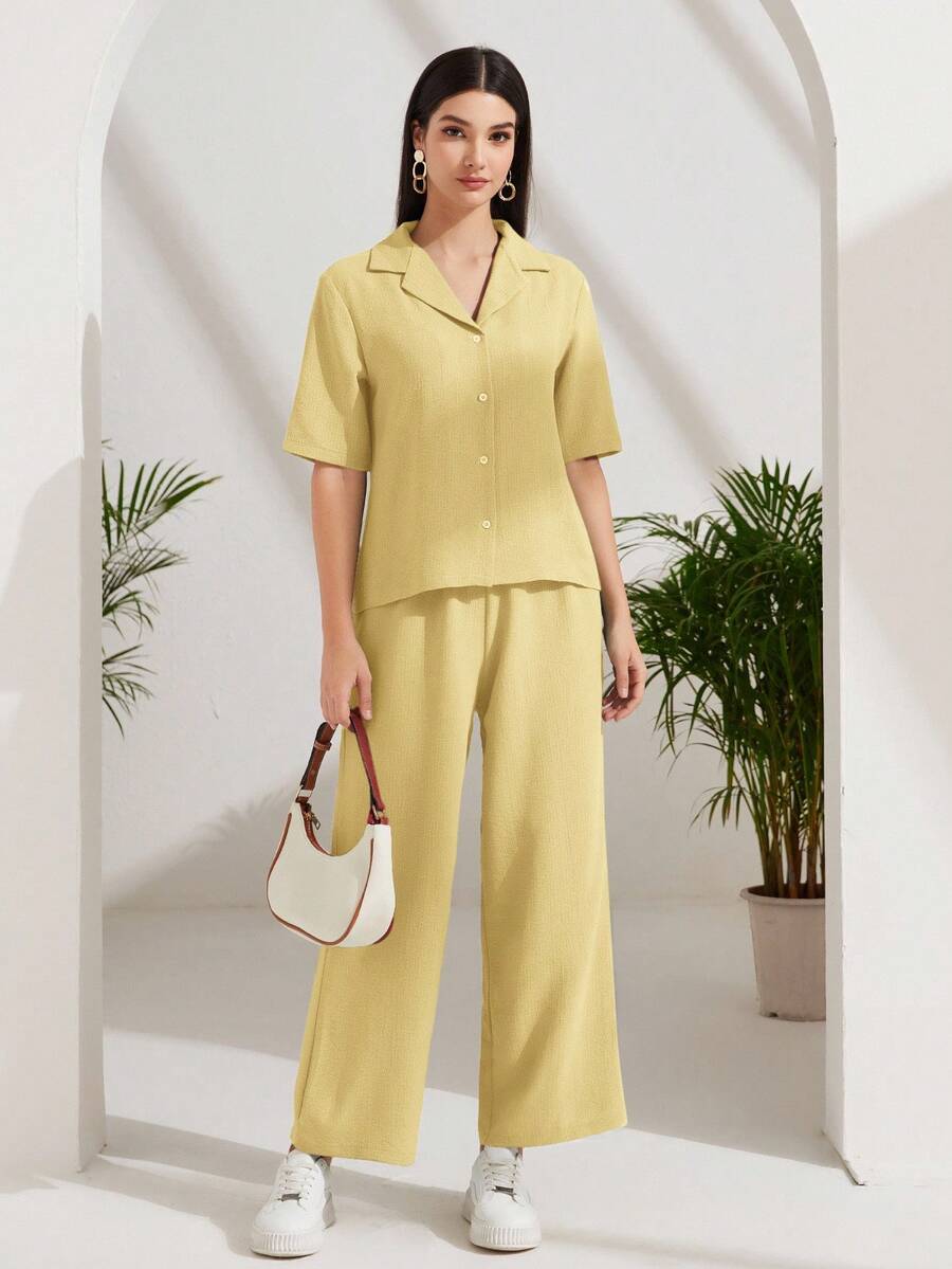 Lacomfia 翻领纽扣前开襟上衣和阔腿裤两件套 - 淡黃色 - 查看 1