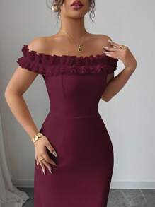 Elenzga Elegant Ruffle Off Shoulder Waist Cinched Romantic Dress For Women - Burgundy - View 6
