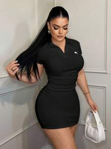 Vestido casual de negocios con cuello bordado - Negro - Ver 5