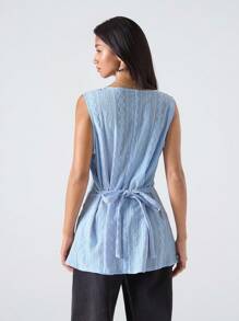 LYSMO Fashionable V-Neck Floral Striped Embroidered Top For Women - Blue - View 3