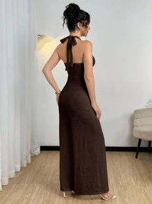 Modelyn 女式金属扣无袖细肩带短款上衣和阔腿连体裤 - 咖啡棕 - 查看 2