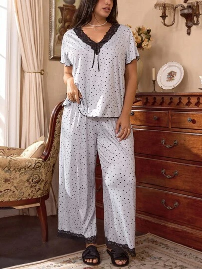 Côtesoire 大码女式休闲蕾丝拼布蝴蝶结波尔卡圆点睡衣套装