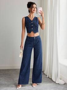 Elenzga Conjunto de chaleco y pantalones de mezclilla de moda para mujer, para verano - Azul lavado oscuro - Ver 6