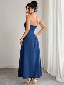 Elenzga Váy denim không tay, không dây màu trơn dành cho nữ - Màu xanh lam - Xem 2