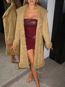 SHEIN ICON Retro Y2K Faux Suede Patchwork Fuzzy Collar Long Cardigan Jacket In Fall/Winter - Coffee Brown - View 5