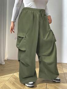 SHEIN CURVE+ 大码纯色抽绳腰阔腿休闲工装裤 - 軍綠色 - 查看 4