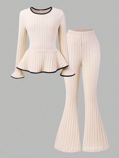 Tween Girl Contrast Trim Bell Sleeve T-Shirt And Flared Pants Set Fall Winter