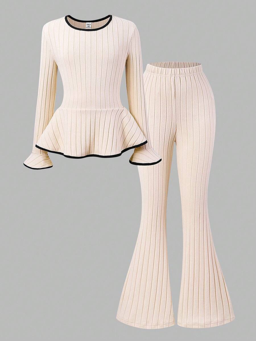 Sparklyn Tween Girl Contrast Trim Bell Sleeve T-Shirt And Flared Pants Set Fall Winter