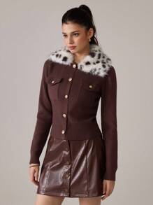 SHEIN MOD 卡其棕色拼布豹纹毛领优雅秋冬开衫 - 棕色 - 查看 8