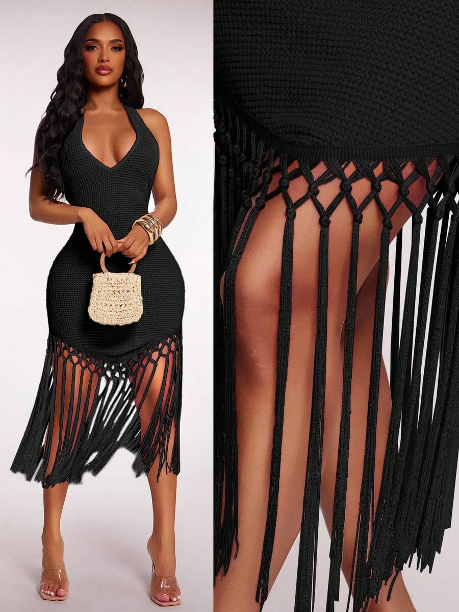 Radiana Women's Summer Boho Apricot Crochet Flowy Tassel Hem Dress, Vacation/Holiday/Beach Outfit - Black - View 1