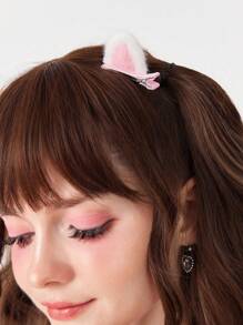 ROMWE Kawaii 1双纯白色过膝袜+1双可爱猫耳发夹，猫耳性感白色纯色女学生及膝袜，高品质猫耳发夹，超薄弹力透视紧身裤 - 彩色 - 查看 3