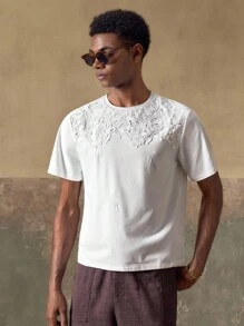 AKNOTIC Business Casual 男士蕾丝拼布刺绣弹力宽松T恤 - 白色 - 查看 6