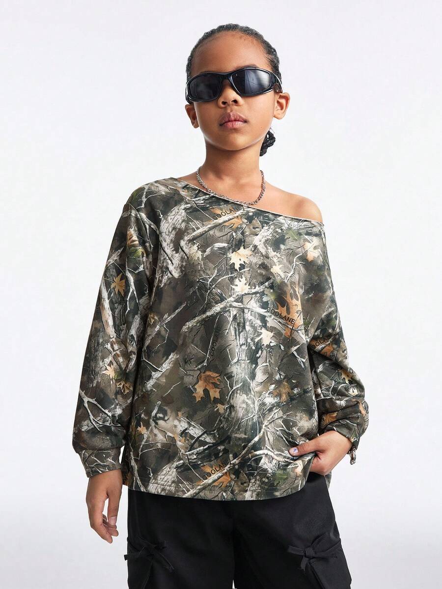 Coolane Kids Tween Girls Spring/Summer Y2K Graphics Stretchy Off The Shoulder Sweatshirt - Army Green - View 1