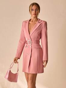 Women, Autumn, Jacket, Long Sleeve, Pink, Pocket, Belted, Button, Casual - Pink - View 7