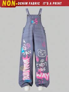 Sparklyn 复古美式拼布印花休闲运动街头涂鸦印花牛仔宽松直筒宽松背带裤