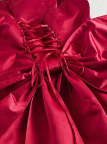 SHEIN MOD Váy ngắn bó sát bằng vải satin có nơ trang trí, kiểu Bandeau - Màu Đỏ Sâu - Xem 4