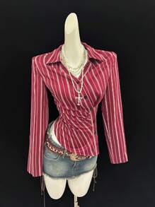 SHEIN ICON Women's Red Striped Oblique Placket Waist Ruched V-Neck Long Sleeve Casual Vacation Sexy Blouse Western Blouses