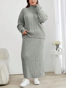 SHEIN Cottnline Cable Knit Turtleneck Sweater And Skirt 2 Pieces Set - Light Grey - View 7