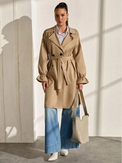 CLARA VERO Lightweight Tie Front Ruffle Cuff Trench Coat