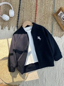SHEIN 小男孩休闲日常图案运动衫、夹克、返校装，适合上学、度假、旅行、运动、秋冬 - 藍色 - 查看 4