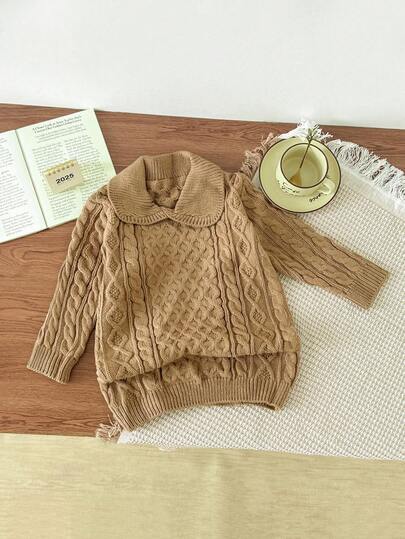 少女纯色领长袖麻花图案休闲毛衣