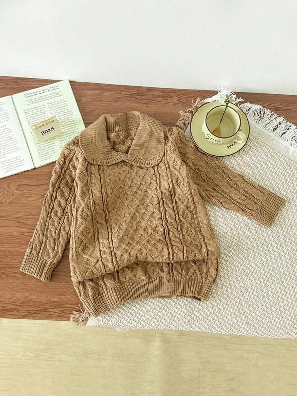 Young Girl Plain Collar Long Sleeve Cable Pattern Casual Sweater Dress, Comfortable And Loose-Fitting, Suitable For Home, Can Be Worn Inside Or Outside, Autumn And Winter, Great For Casual & Daily Wear & School Daily In Autumn & Winter, Must-Have, Versatile,Suitable For Home, Can Be Worn Inside Or Outside,Sister And Me,Winter Clothes,Herbst,Fall Clothes For Kids