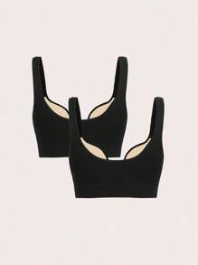 Gameset SHEIN Sport 女士纯色日常健身运动文胸 - 黑色 - 查看 2