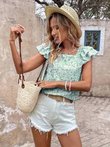 SHEIN LUNE Áo cánh tay bồng bềnh họa tiết hoa nơ sau lưng đơn giản dành cho nữ, thiết kế cơ bản hàng ngày cho kỳ nghỉ xuân hè - màu xanh lá - Xem 3