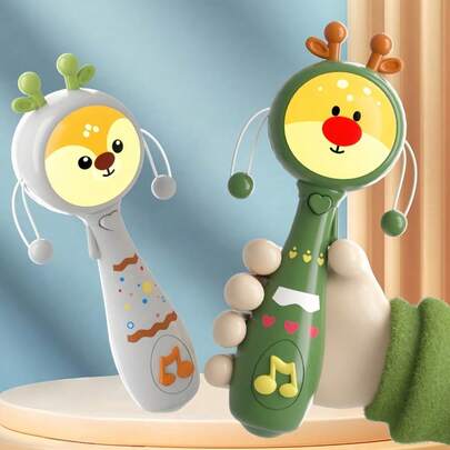 Zazumi 1 Đồ chơi trẻ em 7.48*2.48 inch, Đồ chơi đu quay âm nhạc cho bé 18 tháng tuổi, Đồ chơi trống sóng cho bé, Đồ chơi vòng cắn có nhạc và đèn cho bé, Đồ chơi học tập cho trẻ mới biết đi có nhạc và đèn, Quà tặng đồ chơi cho bé sơ sinh trai gái (Không kèm pin)