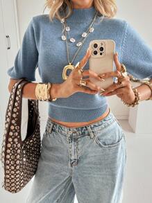 Siren Gaze Áo len nữ tay ngắn màu trơn đơn giản thời trang thường ngày đa năng - Màu xanh bụi bặm - Xem 3