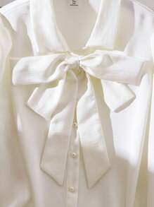 SHEIN Áo sơ mi dài tay cài nơ màu trơn đơn giản dành cho bé gái tuổi teen - Màu be - Xem 5