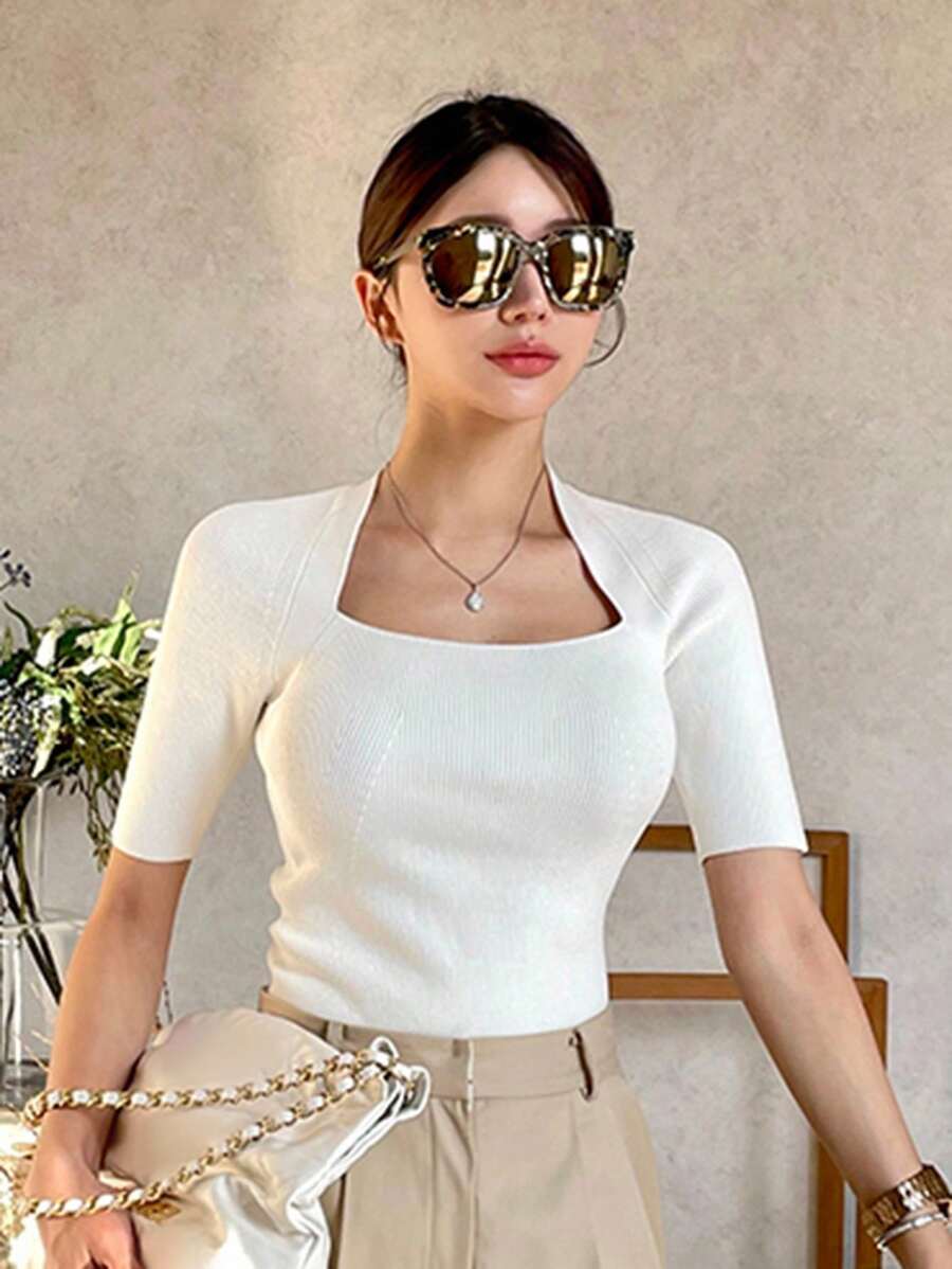 DAZY Women's Tight-Fitting Transformable Collar Knit Top, Business Casual - White - View 1