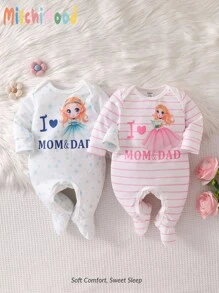 2 件新生儿条纹、心形和字母印花长袖连脚睡衣套装，休闲家居服 - 彩色 - 查看 1