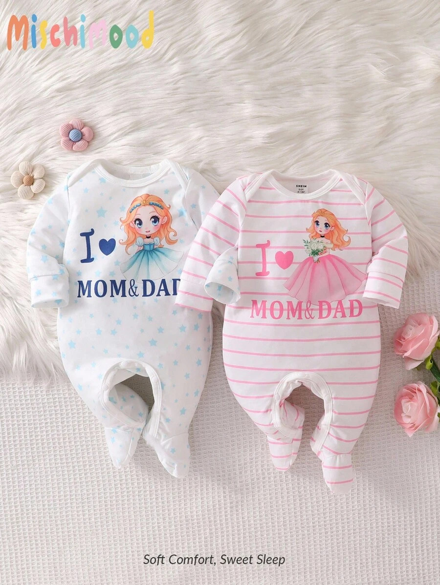 2 件新生儿条纹、心形和字母印花长袖连脚睡衣套装，休闲家居服 - 彩色 - 查看 1