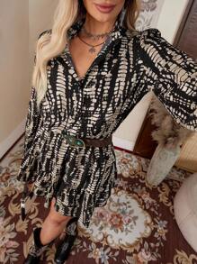 LanaWest Women Stand Collar Cardigan Waist Lantern Sleeve Ruffle Hem Long Sleeve Short Dress - Multicolor - View 1